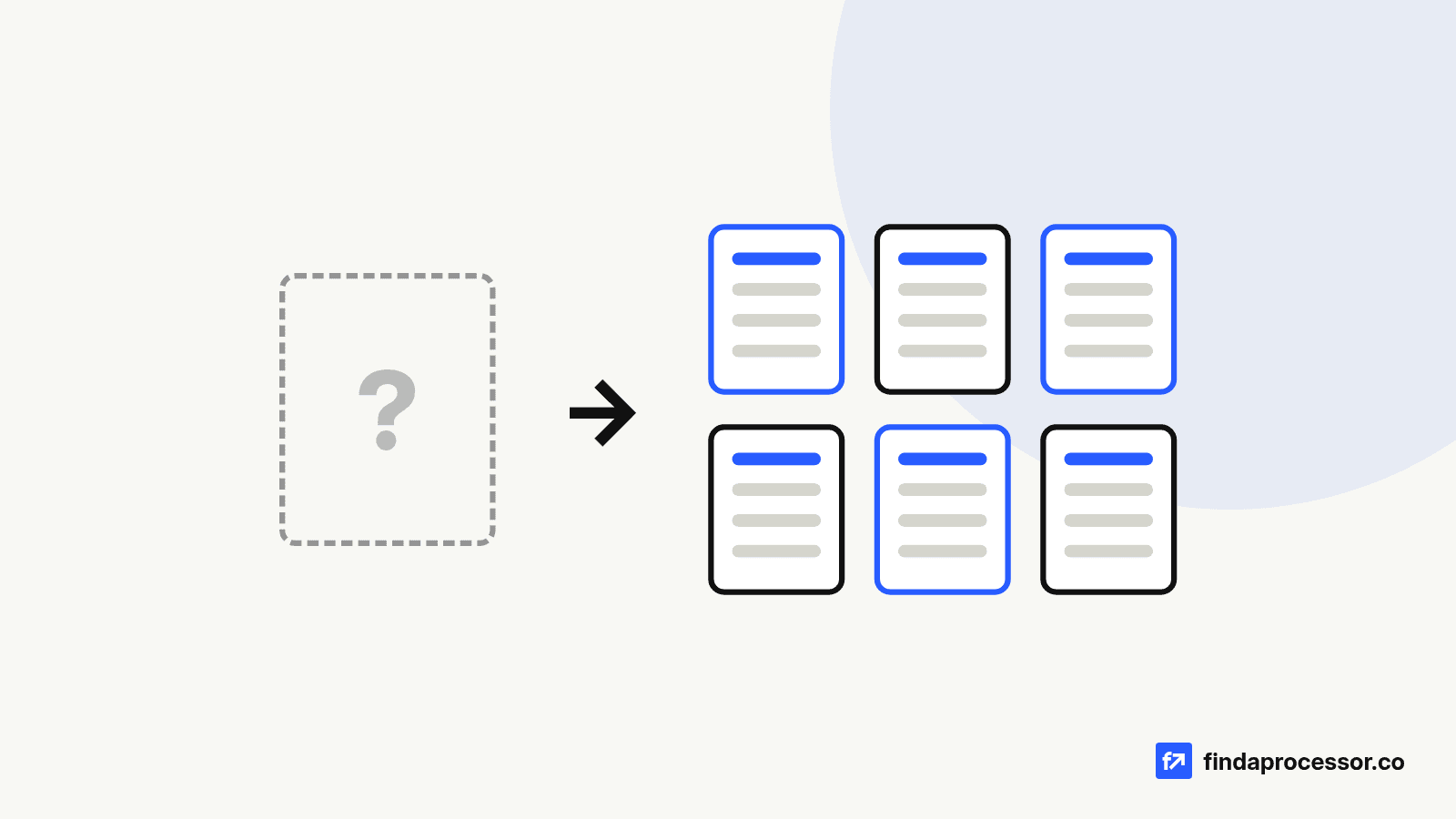 A blank dashed page with a question mark, an arrow, and six filled-in documents: what replaces missing processing statements.