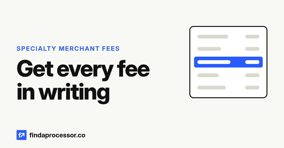 Get every fee in writing. Specialty merchant fees illustrated as an itemized statement with one line highlighted.