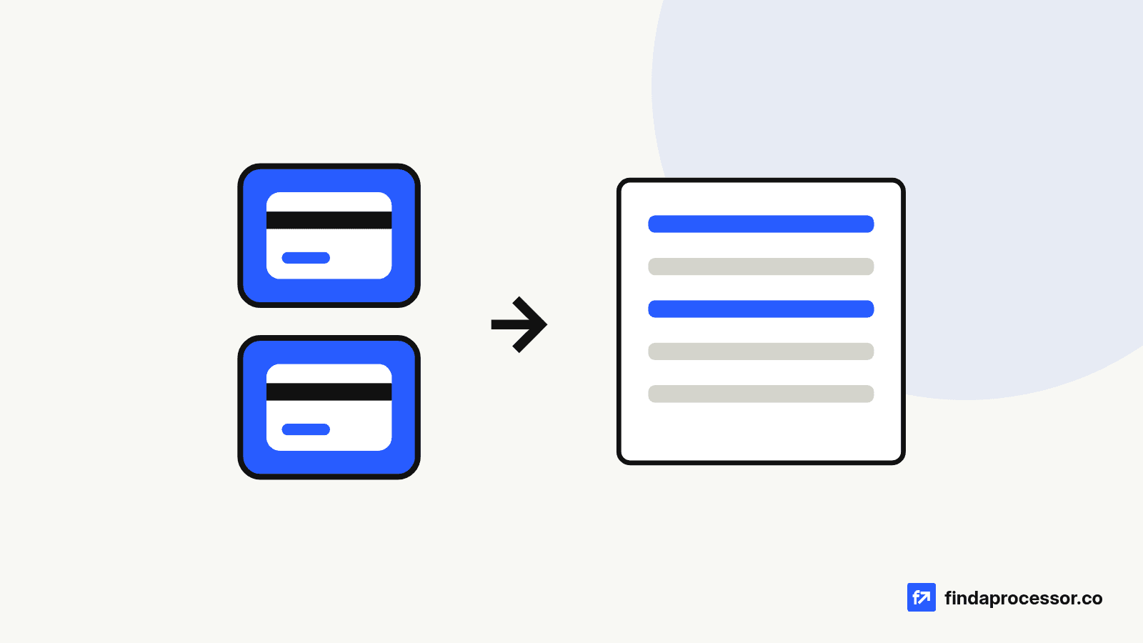 Two blue merchant account tiles with an arrow pointing to a single open disclosure document.
