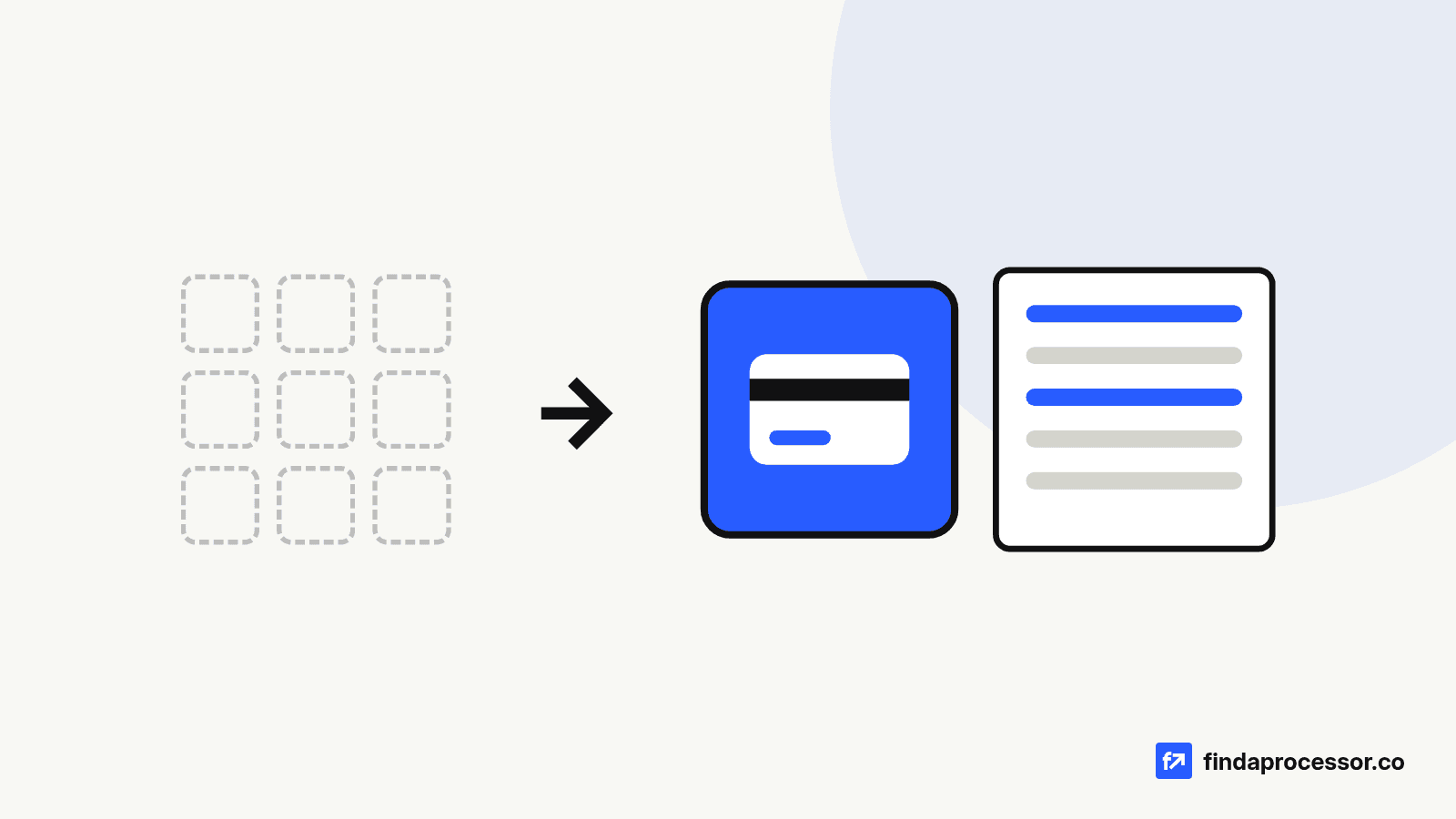 A grid of faded, dashed tiles with an arrow pointing to a single solid blue account tile beside a document.