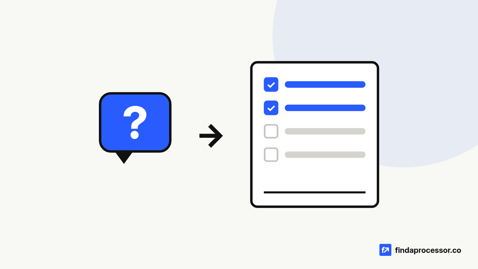 A blue question-mark speech bubble points to a contract with checkbox rows, two ticked, above a blank signature line.