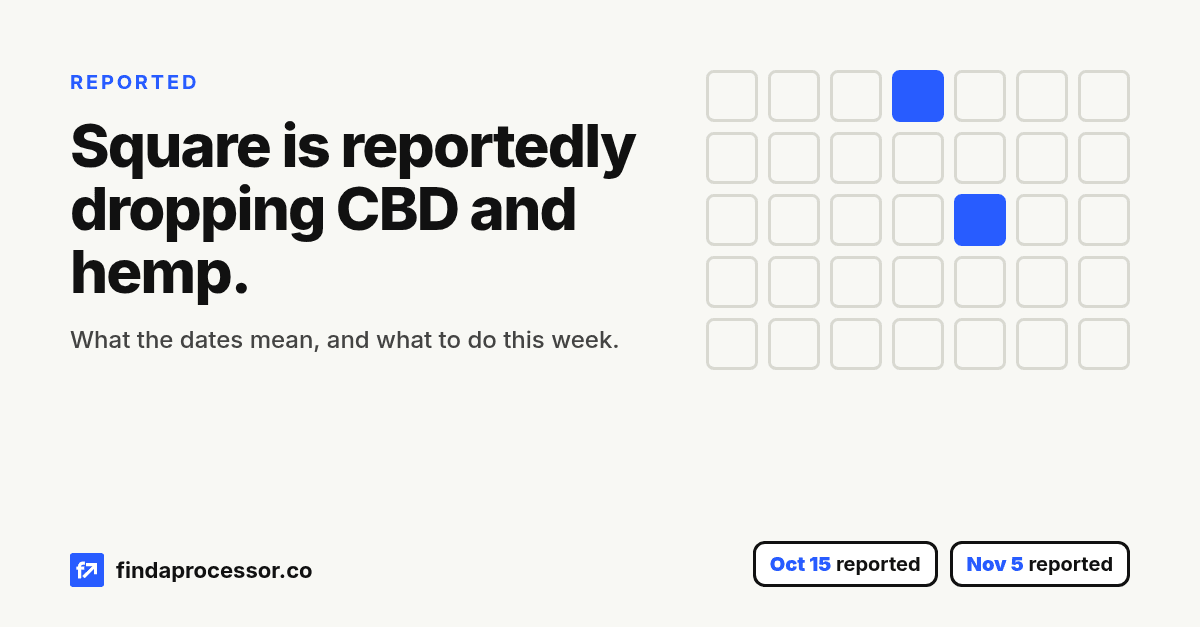 Square is reportedly dropping CBD and hemp. Reported dates: Oct 15 and Nov 5.